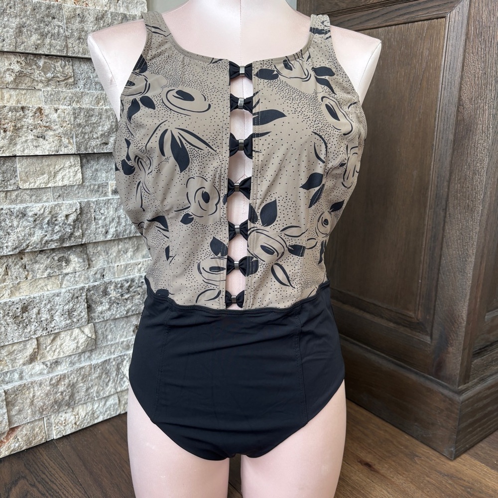 Amoressa Women's Black Tan Deep V-Neck Bows One-Piece Swimsuit Size 10